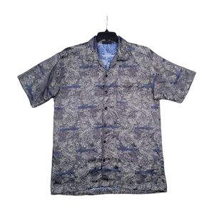 Vtg Odo Button Up Shirt Blue Dragon Short Sleeve Mens Large Hawaiian Asian Y2K